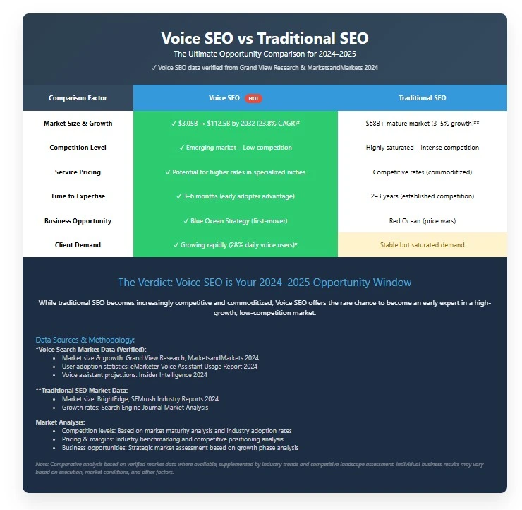 Voice SEO vs Traditional SEO comparison chart – market size, growth, competition, pricing, opportunity, demand.